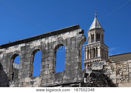 The wall above silver gate and bell tower of cathedral of St Domnius