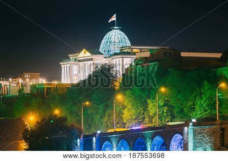 Tbilisi, Georgia. Presidential Administration Palace, Avlabari Residence In Night Illumination, Uptown Of Avlabari District. Famous Landmark