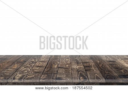 Empty wooden table for product placement or montage with focus to table top in the foreground, with white background. Wooden board empty table perspective.