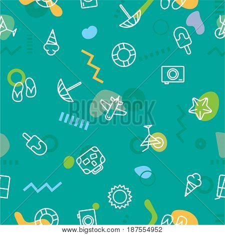 Summer pattern prints sun on the sea, beach cocktail and ice cream. Summer pattern print airplane and camera. Sea print pattern sun umbrella and suitcase