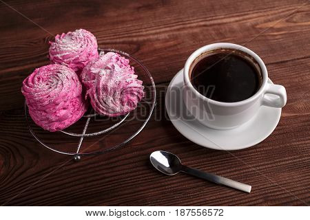 Black Coffee And Pink Zephyr. Marshmallow. Sweet Pink Marshmallow - Zephyr And Cup Of Coffee. Christ