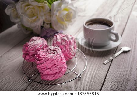 Black Coffee And Pink Zephyr. Marshmallow. Sweet Pink Marshmallow - Zephyr And Cup Of Coffee. Christ