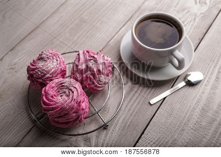 Black Coffee And Pink Zephyr. Marshmallow. Sweet Pink Marshmallow - Zephyr And Cup Of Coffee. Christ