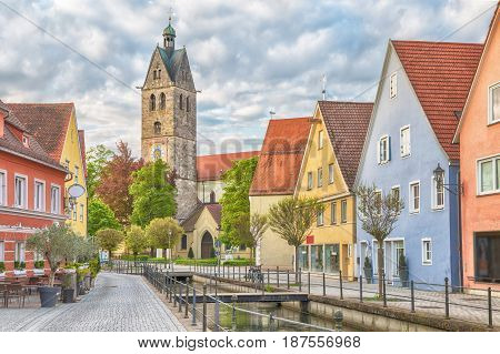Colorful houses and bell tower of church of Our Lady in Memmingen Bavaria Germany