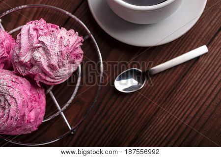 Black Coffee And Pink Zephyr. Marshmallow. Sweet Pink Marshmallow - Zephyr And Cup Of Coffee. Christ