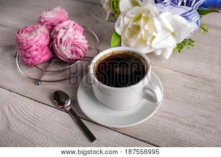 Black Coffee And Pink Zephyr. Marshmallow. Sweet Pink Marshmallow - Zephyr And Cup Of Coffee. Christ