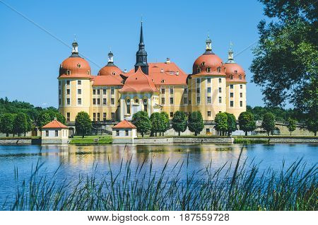 Castle Moritzburg in Saxony near Dresden. Pond reflection with some reeds in foreground. Springtime. Germany.