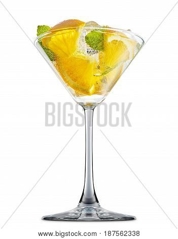 fresh fruit alcohol cocktail or mocktail in martini glass with ice cubes, orange and mint isolated on white background