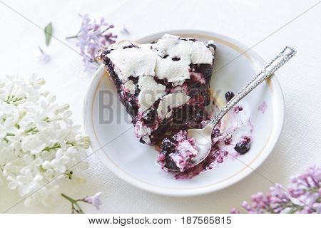 Tender homemade baking blueberry pie with lilac and tea