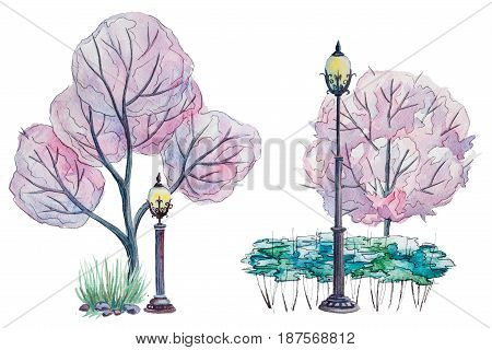 Hand drawn watercolor autumn background with park, outdoor elements: pink blooming trees, shrub and lantern on the white background