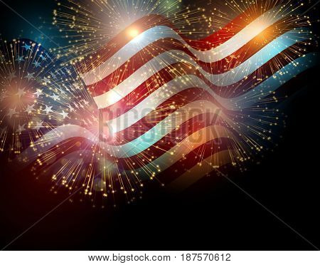 United States flag. Fireworks background for USA Independence Day. Fourth of July celebrate