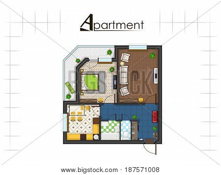 Apartment project. Floor plan with furniture. Kitchen, living room, bedroom and balcony. Handwritten inscription. Vector illustration of top view