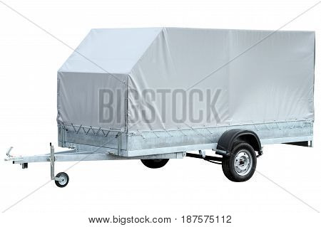 Car trailer with canvas awning isolated on white background.
