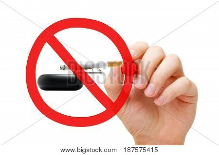 Hand drawing No Smoking prohibition sign concept on ashtray and lighted cigarette.