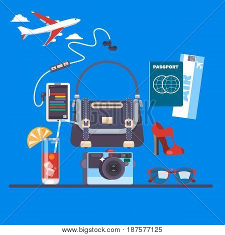 Travel and tourism background. Buying or booking online tickets. Business flights worldwide.Flat vector illustration