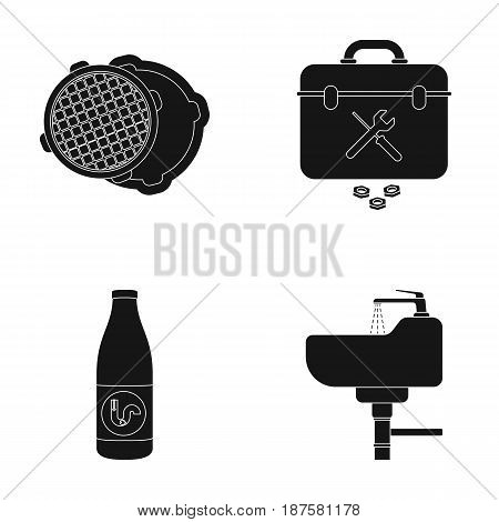 A sewer hatch, a tool box, a wash basin and other equipment.Plumbing set collection icons in black style vector symbol stock illustration .