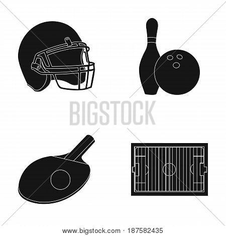 Keglie and bowling ball, protective helmet for rugby, racket and ball for playing ping-pong, field, stadium for football. Sport set collection icons in black style vector symbol stock illustration .