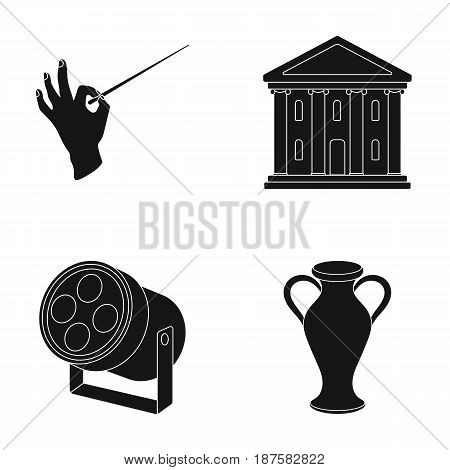 Conductor s baton, theater building, searchlight, amphora.Theatre set collection icons in black style vector symbol stock illustration .