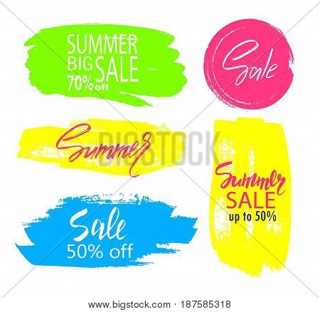 Set of hand drawn universal colorful circles signs badges stickers backgrounds for advertising text business promotion. Summer hand written lettering