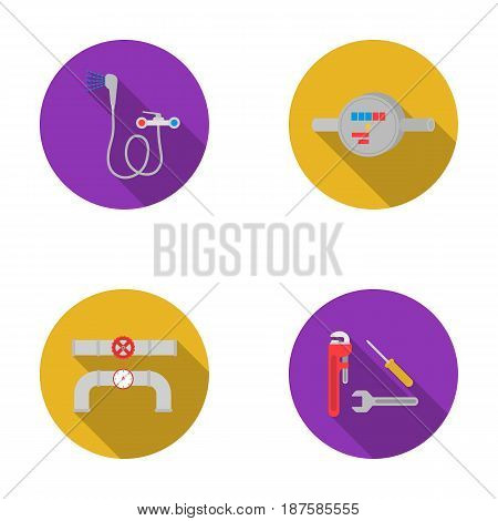 Shower, faucet, water meter and other equipment.Plumbing set collection icons in flat style vector symbol stock illustration .