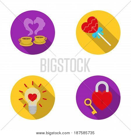 Cups with coffee, valentine, lamp, lock with key. Romantic set collection icons in flat style vector symbol stock illustration .