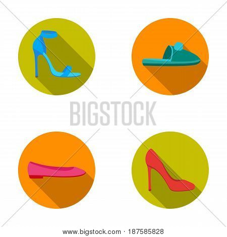 Blue high-heeled sandals, homemade lilac slippers with a pampon, pink women s ballet flats, brown high-heeled shoes. Shoes set collection icons in flat style vector symbol stock illustration .