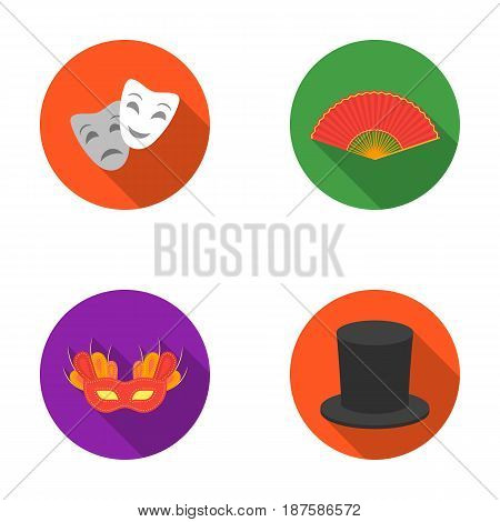 Theatrical mask, cylinder, fan, mask on the eyes. Theater set collection icons in flat style vector symbol stock illustration .