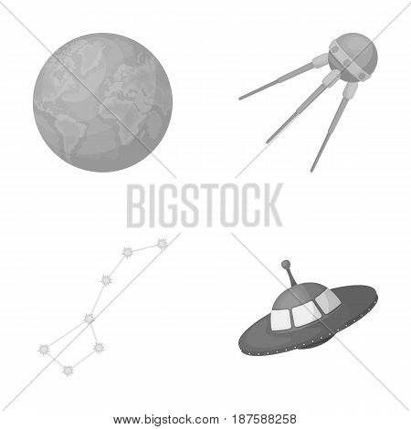Planet Earth with continents and oceans, flying satellite, Ursa Major, UFO. Space set collection icons in monochrome style vector symbol stock illustration .