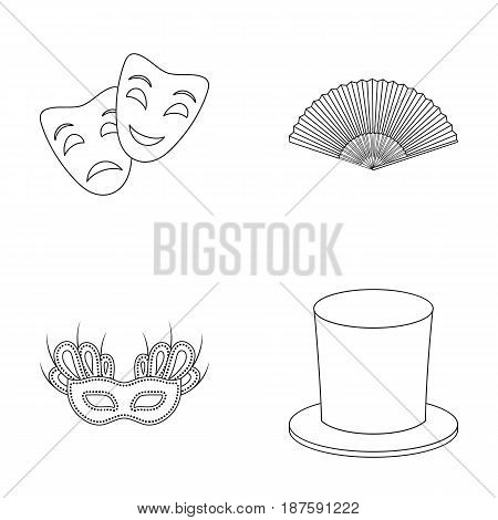 Theatrical mask, cylinder, fan, mask on the eyes. Theater set collection icons in outline style vector symbol stock illustration .