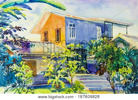 Watercolor landscape original painting colorful of house garden green tree and emotion in sky colud background
