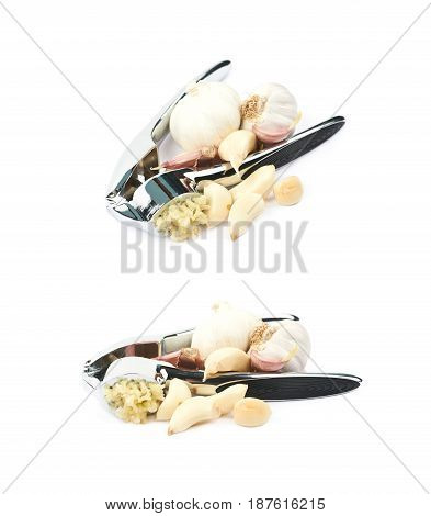 Metal garlic press utensil next to a pile of fresh cloves isolated over the white background, set of two different foreshortenings