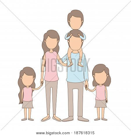 light color caricature faceless big family parents with boy on his back and daugthers taken hands vector illustration