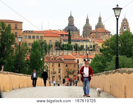 Salamanca, Spain - May 7, 2014. People and a dog are walking on ascent roman bridge with old city and the cathedral on background.
