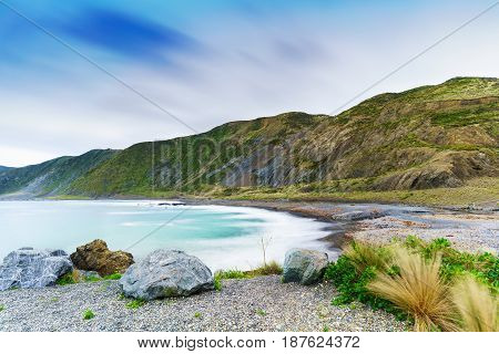 Te Kopahou Reserve is located at Owhiro Bay where people can enjoy walking cycling and also driving 4WD vehicles along the coast Wellington North Island of New Zealand