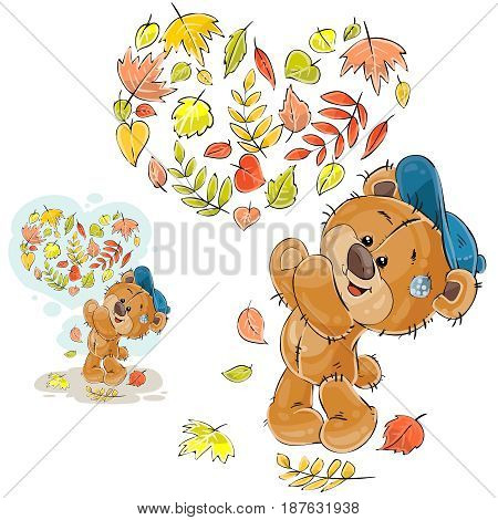 Vector autumn illustration of a brown teddy bear threw up the fallen leaves and made a heart out of them. Print, template, design element