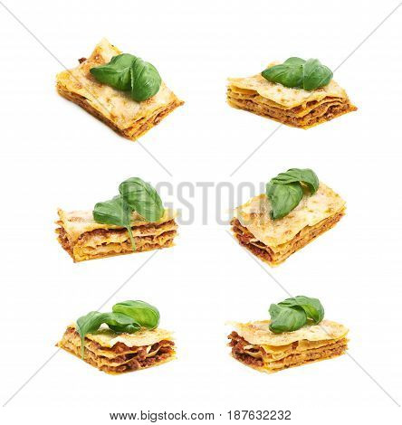 Single slice of lasagna with the fresh basil leaf over it, composition isolated on the white background, set of six different foreshortenings