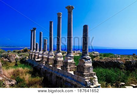 Remains of ancient columns at Al Mina excavation siteTyre Lebanon