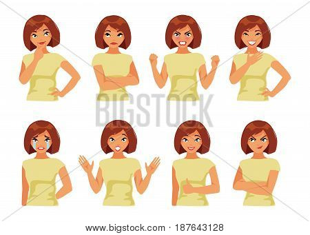 Collection of girl with different emotions on white background