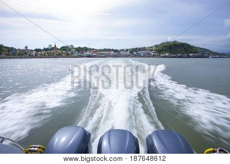 KAW THAUNG MYANMAR - MAY7 : rear view of speed boat departure from kaw thaung or formerly name of victoria point important southern port of myanmar border of ranong province southern of thailand on may 72017 kaw thaung myanmar