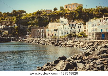 Ischia Bridge and marina village on the island of Ischia, Bay of Naples Italy