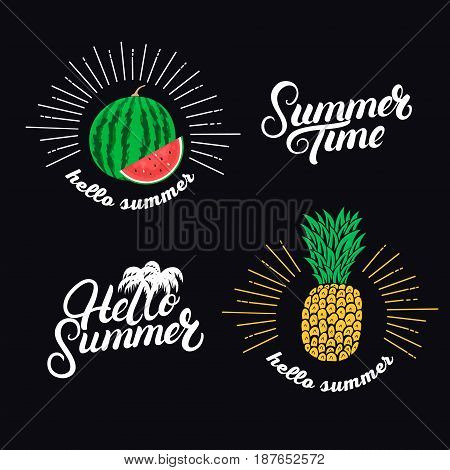 Hello summer set. Hand written lettering quotes and hand drawn pineapple and watermelon. Isolated on background. Vector illustration.