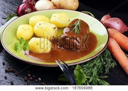 Tasty Roulades Beef On Plate With Potato, Sauce, Close Up. Beef Roll, Wrap Of Slice Of Beef