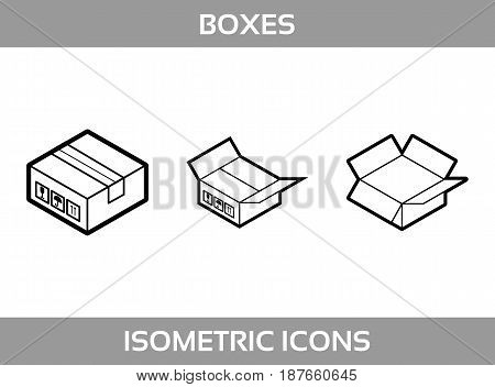 Simple Set of Isometric packaging boxes Vector Line art Icons. Black and white line art isometric icons with thick strokes. Cardboard boxes