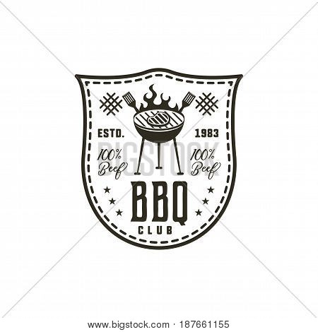 BBQ club label in monochrome style. Invitation to grill, barbeque event. Isolated on white background. Vintage black monochrome design. Stock Vector silhouette.