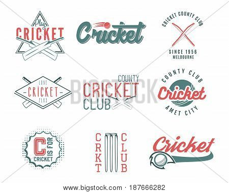 Set of retro cricket sports template logo designs. Use as icons, badges, label, emblems or print. Vector illustration sport championship. Isolated on white background.