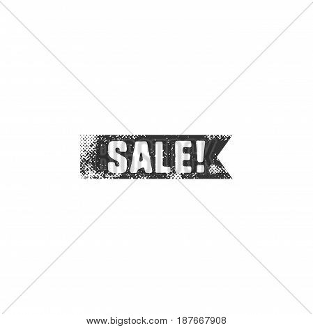 Vintage hand drawn black sale ribbon in retro letterpress style. Isolated on white background. Discount, special offer sign. Vector illustration