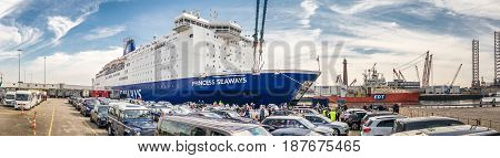 IJMUIDEN, NETHERLANDS - May 14 2017: Cars are waiting to get on the Princess of seaways ferry to Newcastle