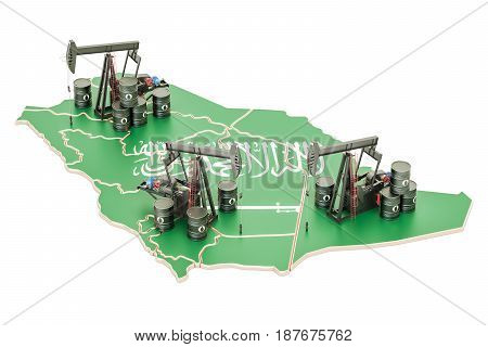 Saudi Arabia map with oil barrels and pumpjacks. Oil production concept. 3D rendering