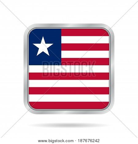 National flag of Liberia. Shiny metallic gray square button with shadow.