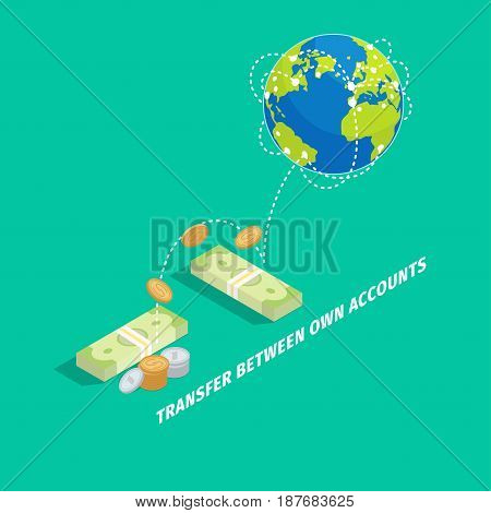 Set of money transfer between own accounts graphic icon on turquoise background. Banknotes and coins that transferred to different parts of planet. Vector illustration in cartoon style flat design.